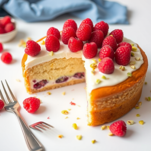 Create an image of a beautiful dessert loaf cake topped with fresh raspberries and chopped pistachios. The cake should be partially sliced to reveal a creamy filling with raspberries inside. Arrange the dessert on a white surface with a blue cloth in the background and some scattered raspberries and pistachios around it. Include two silver forks beside the cake for a touch of elegance.