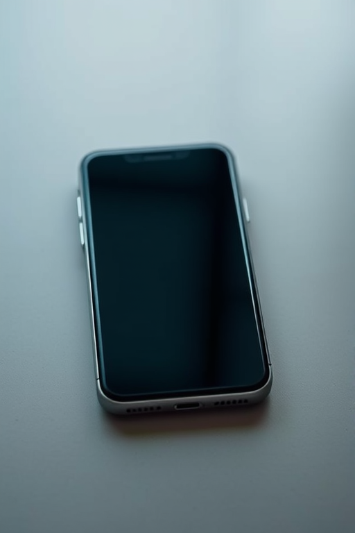 Generate a high-resolution image of a modern smartphone lying at a slight angle on a flat surface, with a clean black screen, using a DSLR camera with a 50mm lens, aperture f/2.8, ISO 100, 1/60 sec shutter speed, soft natural lighting, and a shallow depth of field.
