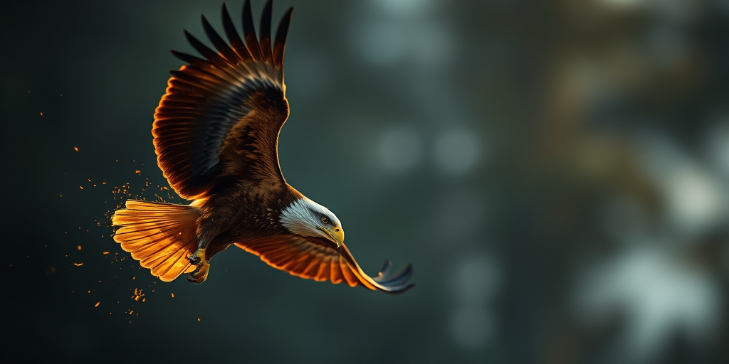 A majestic golden eagle soaring through the air with fiery sparks emanating from its wings, shot with a Canon EOS R5 at 1/2000s, f/2.8, ISO 100, in a low-angle view with a cinematic soft focus background.