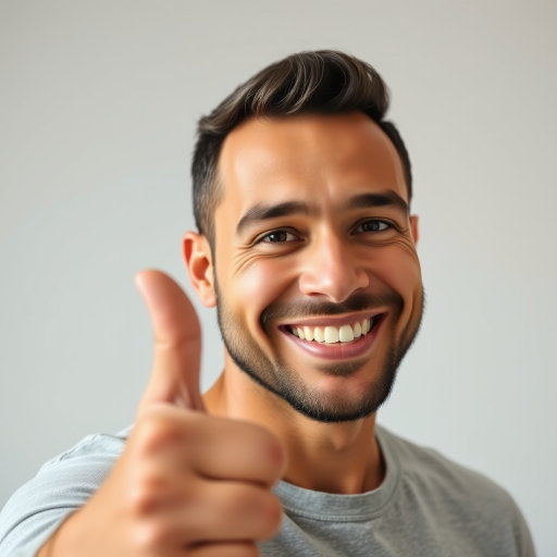 Generate an image of a smiling man giving a thumbs up, using a Canon EOS R5 camera, 50mm lens, aperture f/1.8, ISO 100, shutter speed 1/200s, front view, soft lighting, minimalist background for enhanced quality.