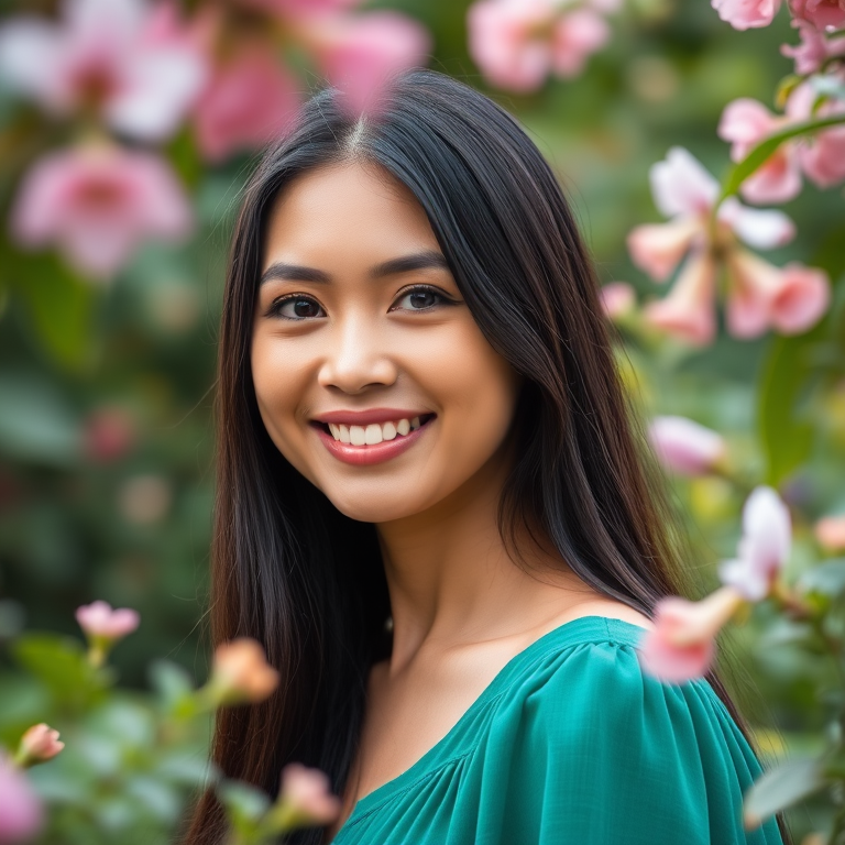 portrait of a smiling woman with long dark hair in a green dress, framed by flowers and foliage in a serene garden setting, shallow depth of field, f/1.8 aperture, 85mm lens, natural light, taken with a DSLR camera.