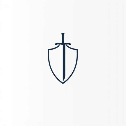 Generate an elegant logo design featuring a minimalist sword and shield in a modern style, use a Canon EOS 5D Mark IV, f/8 aperture, ISO 100, 24mm lens, and direct top-down view for clarity and sharpness.