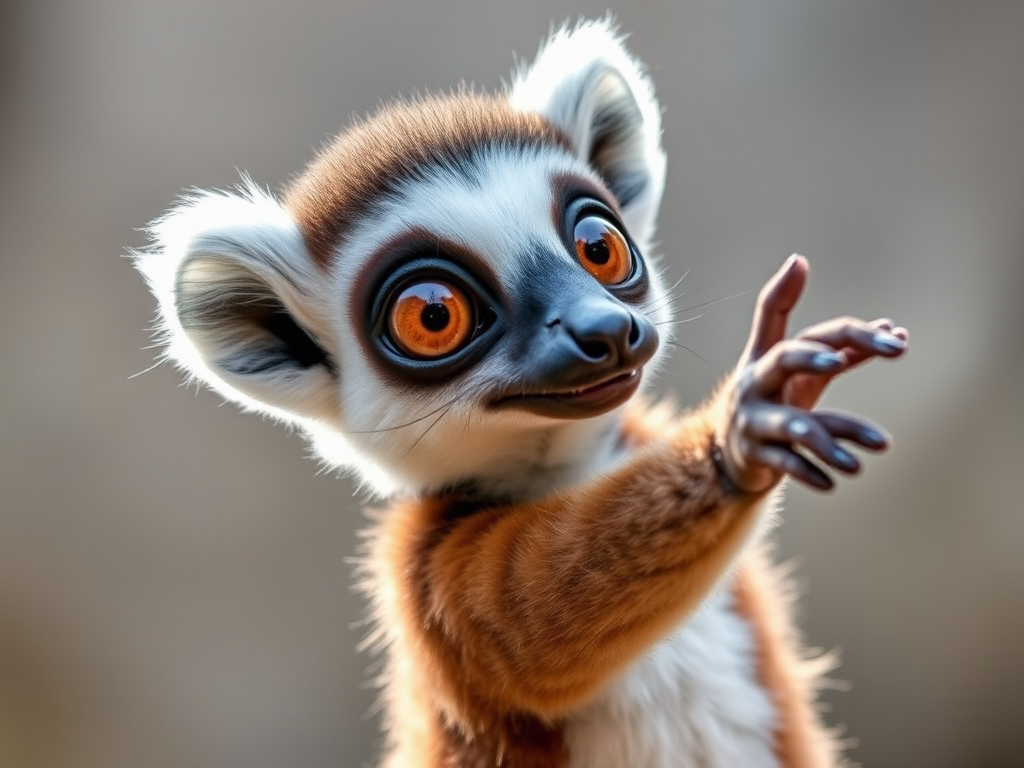 A playful lemur character with large expressive eyes, pointing to the right, showcasing its signature striped tail, captured with a DSLR camera at f/8 aperture, 50mm lens, natural lighting, with a focus on vibrant colors and sharp details.