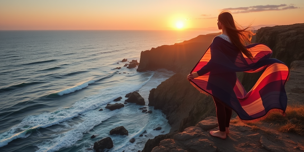 Sunrise over a rugged coastline, waves crashing against jagged rocks, a woman stands on the cliff's edge, her flowing scarf fluttering in the wind as she looks out to sea.