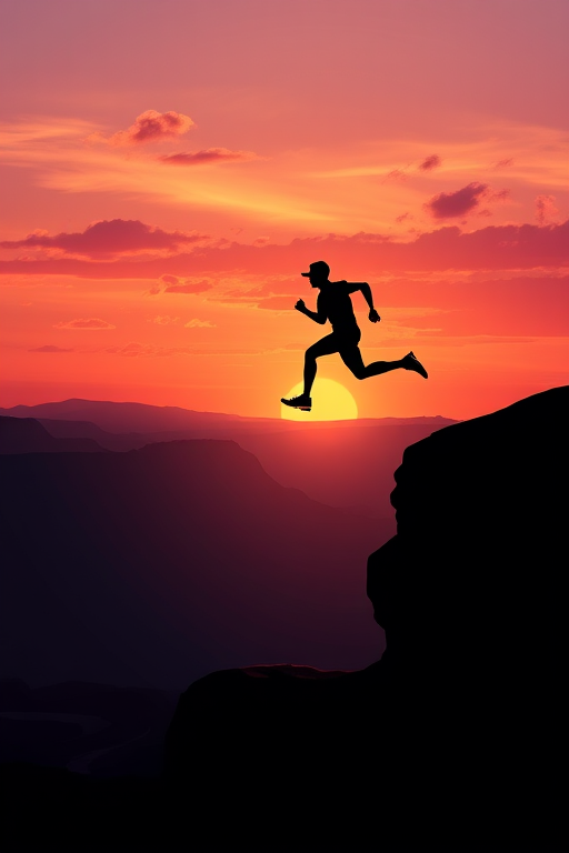 Create a digital illustration of a silhouette of a runner leaping across a canyon with a sunset background, include soft clouds in the sky, use a DSLR camera, aperture f/8, focal length 50mm, ISO 100, and a high dynamic range to enhance colors.