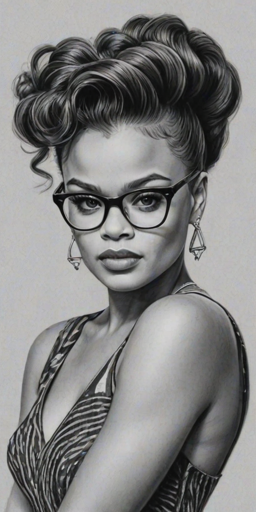 Beauteous Andra Day, pencil sketch, portrait of Sublime woman 1957s in glasses, hair style beatnik, outline, clear lines, fine lines, 8k