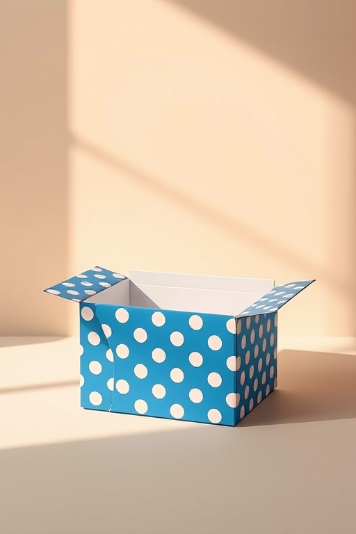 Create a high-resolution image of an open blue polka-dotted box on a plain background, using a Nikon D850 camera with a 50mm lens, f/1.8 aperture, ISO 100, and a soft natural light source to enhance shadows and details.