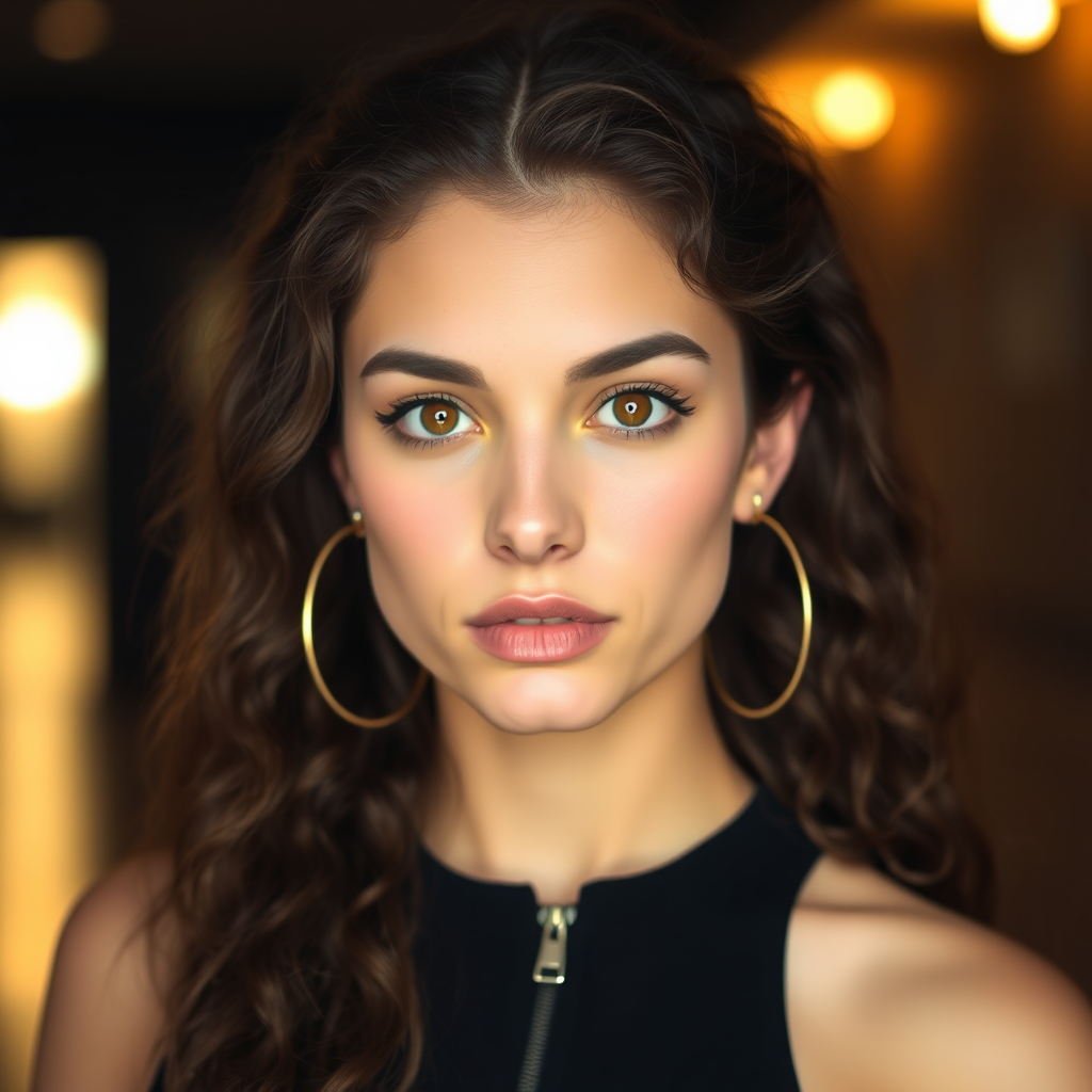 A young woman with long, curly brown hair is looking directly at the viewer. She is wearing a black top with a zipper down the front. The setting is a dimly lit interior space, with a warm, golden light emanating from the background. Her expression is neutral, with a hint of seriousness. The image is a close-up portrait with a shallow depth of field, focusing on the woman's face and torso. The background is blurred, creating a soft and intimate atmosphere.  She is wearing large gold hoop earrings, and a small gold chain is visible around her neck.  Her makeup is natural and simple, highlighting her brown eyes. The lighting creates subtle shadows that accentuate her features.  Her skin is smooth and glows in the soft light. The composition is balanced, with the woman's face positioned in the center of the frame.  The image is focused on capturing her beauty and confidence.