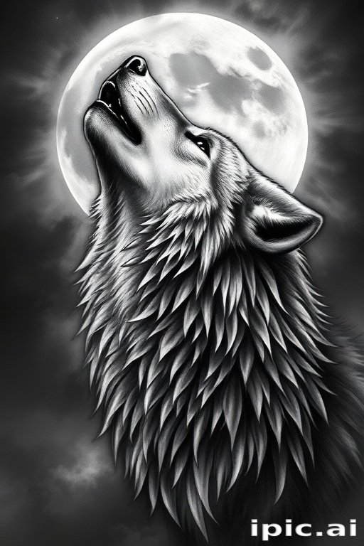 Realistic black and gray tattoo of a majestic wolf howling at the moon, showcasing incredible detail in fur texture and piercing eyes, with smoky background effects for added atmosphere