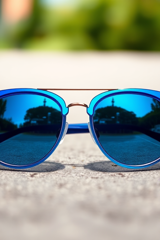Create a high-resolution illustration of blue sunglasses with reflective lenses, shot from a frontal view, with a Canon EOS R5, 50mm lens at f/1.8, 1/100s exposure, ISO 100, natural lighting to enhance color and detail.