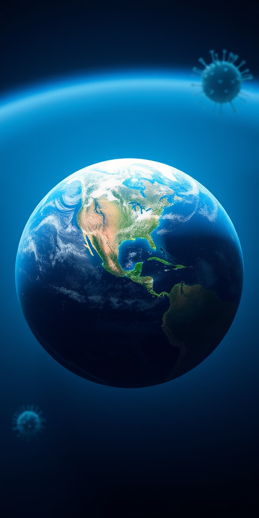 Create a high-resolution image of Earth viewed from space with a soft blue background, depicting subtle, translucent virus shapes in the background, using a DSLR camera with a 50mm lens, aperture set to f/8, ISO 100, and a focal length of 24mm for a clear and vibrant depiction.