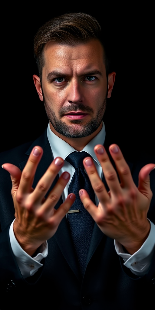 portrait of a man in a suit with prominent hands gesturing, dark background, dramatic lighting, Canon EOS R5, 50mm lens, f/1.8, ISO 100, 1/125s, focused on facial details