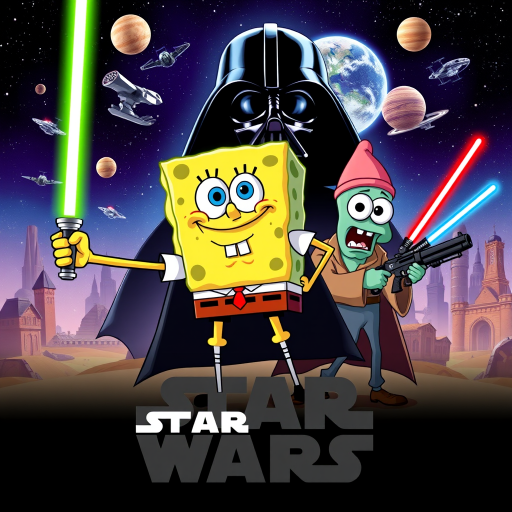 Create a parody of the Star Wars poster with SpongeBob as Luke Skywalker, holding a glowing spatula like a lightsaber. Patrick Star takes the role of Han Solo, holding a blaster, while Squidward is Obi-Wan Kenobi, draped in robes. In the background, Plankton appears as Darth Vader, with Bikini Bottom’s landmarks reimagined as spaceships and planets. The iconic Star Wars logo is swapped for "Sponge Wars," creating a playful, sci-fi adventure scene.