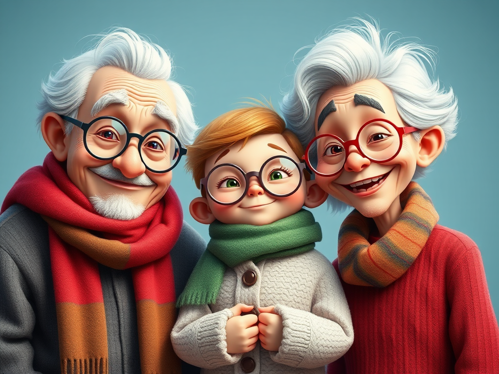 Create a digital illustration of a quirky family scene featuring two elderly characters with white hair and round glasses, wearing colorful scarves, alongside two children dressed in festive attire with glasses, set against a soft blue background, using a DSLR camera with a 50mm lens, f/1.8 aperture, ISO 100, in a high dynamic range style for enhanced colors and detail.