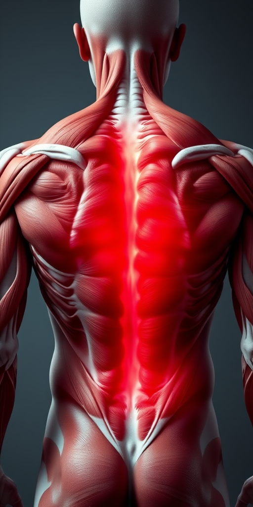 Create a highly detailed anatomical illustration of the human back muscles showcasing the highlighted areas in red, using a Canon EOS 5D Mark IV, 50mm lens, f/8 aperture, 1/125 sec shutter speed, shot from a straight-on perspective to emphasize depth and detail, with soft diffused lighting for enhanced texture.