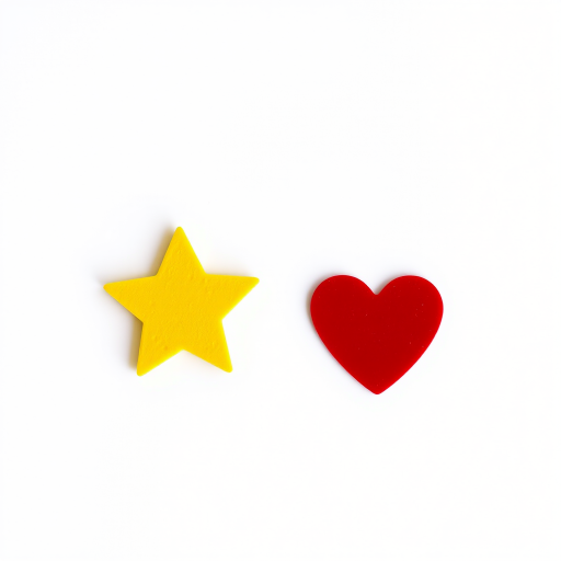 Create a high-resolution image of a yellow star and a red heart on a white background, using a DSLR camera with a 50mm lens, f/1.8 aperture, ISO 100, and ensuring a shallow depth of field for focus on the shapes.