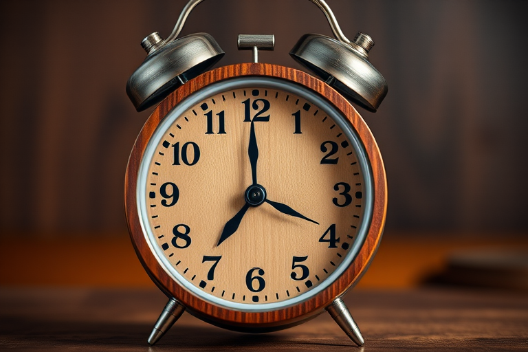 Create a high-resolution image of a classic alarm clock with a wooden finish, featuring a ringing motion, captured with a Canon EOS R5 at f/4, ISO 100, and 1/125s in a front view with a soft focus background for depth.