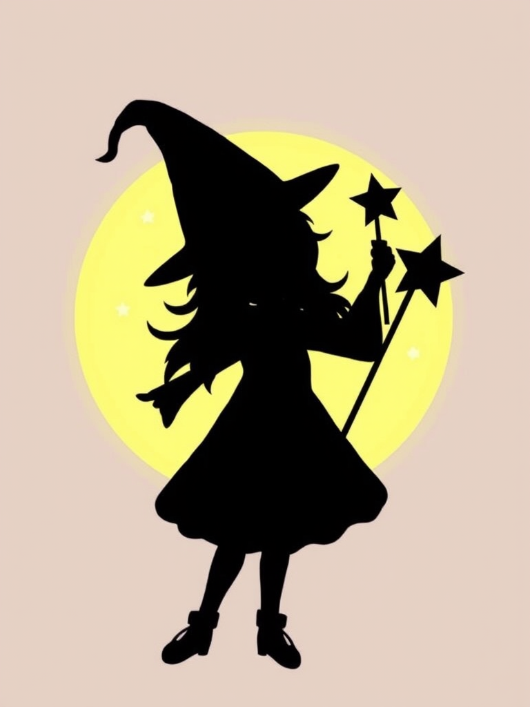 Create a silhouette of a whimsical figure wearing a pointed hat, holding a star wand, set against a bright circular background that resembles a glowing moon. The figure should have a playful and enchanting vibe, emphasizing a sense of magic and wonder.