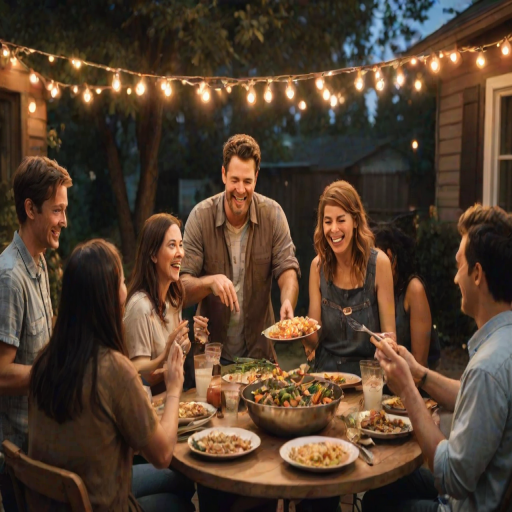 Warmly lit image of friends sharing a potluck dinner under the stars, soft glow from string lights casting warm shadows, the smell of grilled vegetables and laughter filling the air.
