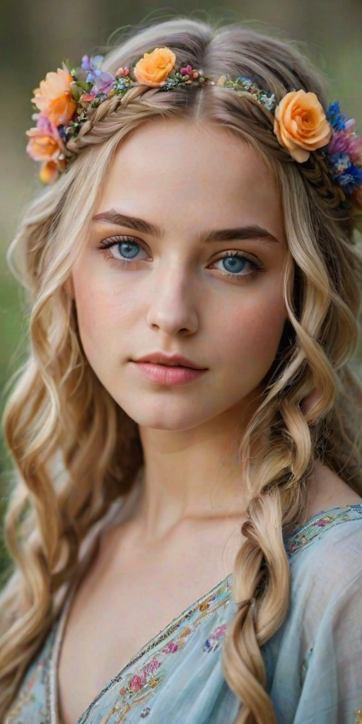 Create an image of a young Sephardic woman with long, wavy blonde hair, adorned with small, colorful flowers woven into her braids and loose strands. Her complexion is fair, with soft, glowing skin, and she has light blue eyes that gaze softly at the viewer. She wears a light, flowing dress with a gentle, ethereal quality, complementing her delicate and serene appearance. The background is slightly blurred, drawing focus to her tranquil expression and the intricate details of the flowers in her hair. The overall mood of the image is one of natural beauty and grace, evoking a sense of peacefulness and connection with nature.
