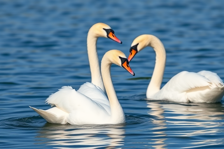 Capture a serene scene of two swans gracefully swimming in calm blue waters, using a DSLR camera, aperture f/2.8, shutter speed 1/250s, ISO 200, 50mm lens, side view to enhance depth of field and detail in the feathers.