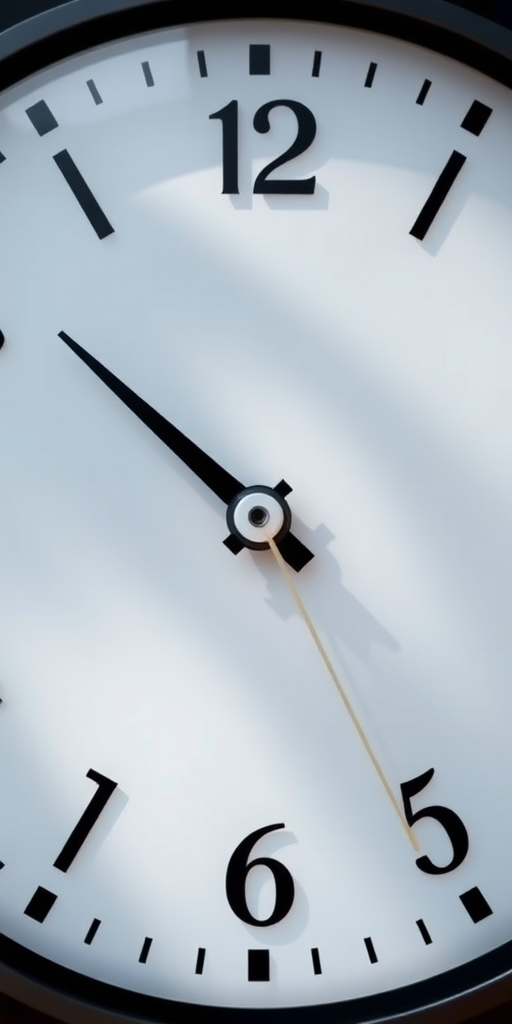 Create a high-resolution illustration of a simple clock face with hour and minute hands pointing at 12 and 1, using a DSLR camera with a focal length of 50mm, aperture set at f/4, ISO 100, shoot from a straight-on perspective, using natural lighting.