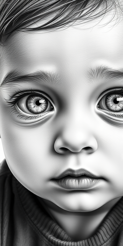 A hyperdetailed photorealistic black and white sketch of a beautiful toddler with deep white eyes, with a macro focus