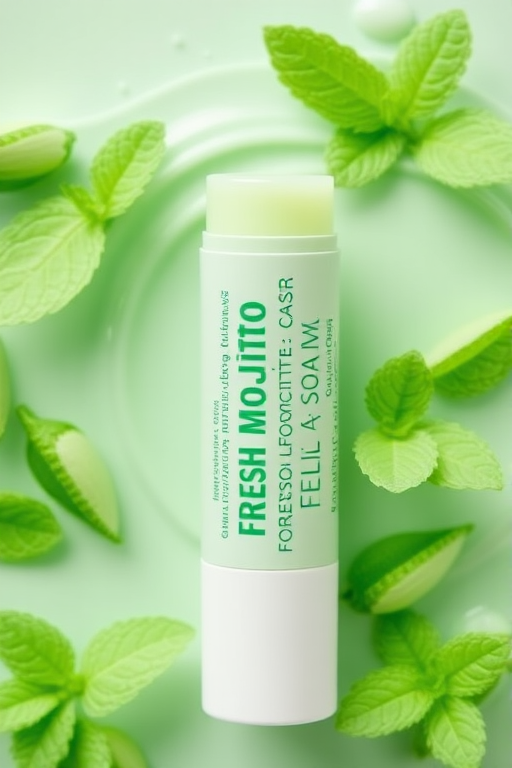 Pastel mint green lip balm "Fresh Mojito" offering a sheer wash of color, cooling sensation, and nourishing ingredients for a playful and moisturizing lip treatment