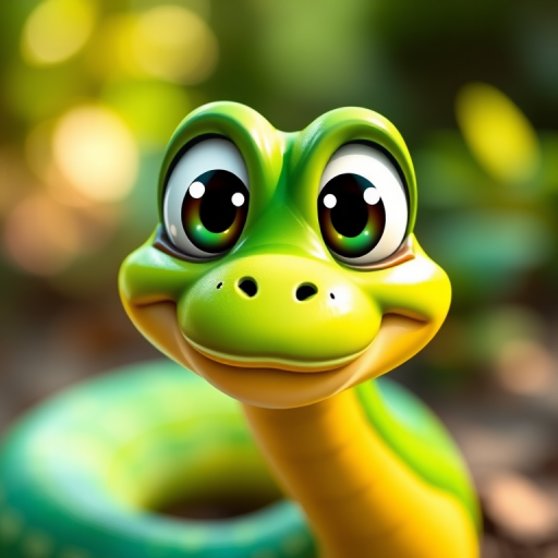 Create a colorful cartoon illustration of a friendly green snake with large expressive eyes and a playful smile, using a soft focus effect, with a depth of field to emphasize the snake in the foreground, shot on a DSLR camera at f/4, ISO 100, 50mm lens, in natural lighting.