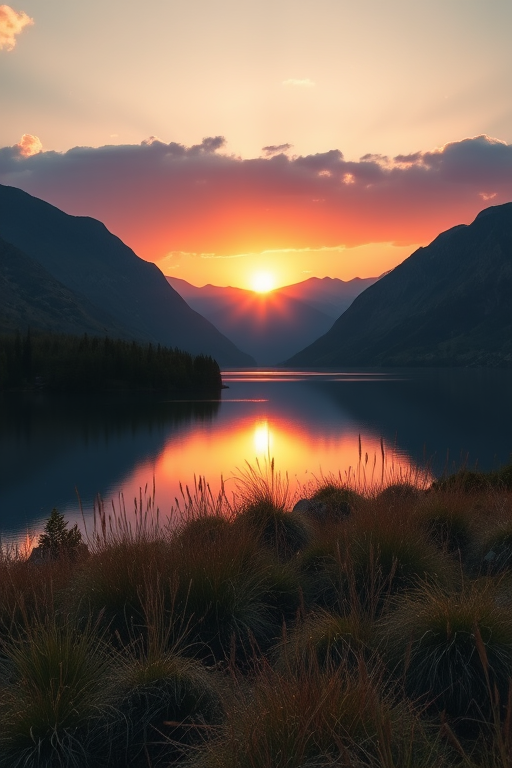 Create a serene landscape of a sunset over a calm lake surrounded by mountains and grass in the foreground, using a DSLR camera with a 50mm lens, aperture f/8, ISO 100, and a soft focus style for enhanced detail and clarity.