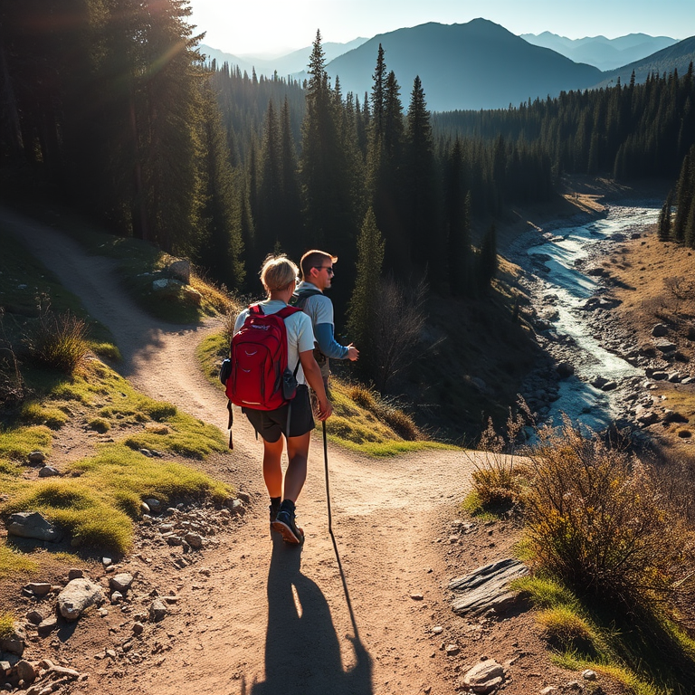 Crisp image of a couple hiking up a mountain trail, backpacks on, mid-conversation, sun filtering through the trees ahead, a stream running alongside the trail, distant mountain peaks barely visible through the trees, shadows stretching across the dirt path.