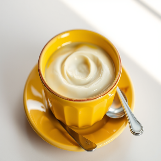 Create a high-resolution image of a yellow ceramic bowl filled with a creamy substance, placed on a matching saucer, with a silver spoon leaning against the bowl, shot with a DSLR camera at f/2.8 aperture, 50mm lens, and natural lighting to emphasize texture and color saturation.