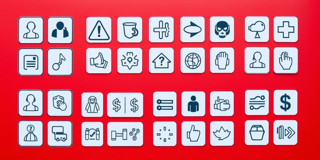 Create an image featuring a grid of safety icons on a red background, using a high-resolution camera with a 50mm lens, f/8 aperture, ISO 200, shot from a flat lay perspective, and apply a clean, modern graphic style for enhanced clarity and detail.