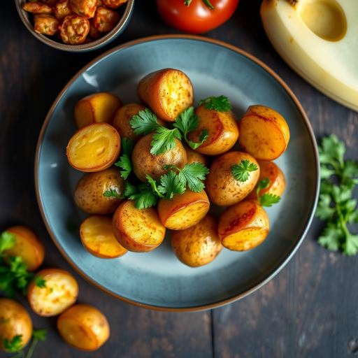 photograph of a colorful plate of golden boiled potatoes garnished with fresh cilantro on a rustic dark surface, camera settings: aperture f/2.8, shutter speed 1/200 sec, ISO 100, camera view: overhead shot, camera style: natural light, camera type: DSLR
