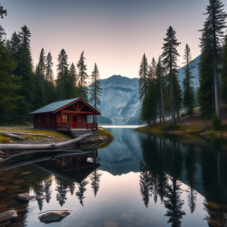 A serene mountain landscape featuring a wooden cabin by a clear lake surrounded by tall pine trees, with reflections in the water, captured in natural light at sunrise, using a DSLR camera with a 24mm lens, f/8 aperture, ISO 100, and a slow shutter speed for smooth water effects.
