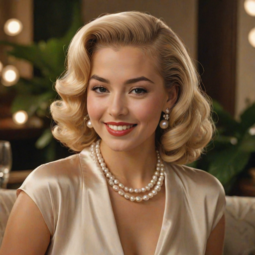 A beautiful Hawaiian woman reminiscent of 1950s Hollywood glamour, with perfectly styled blonde hair and a seductive smile, dressed in a satin blouse and adorned with pearls, soft and warm tones, photorealistic, 8K