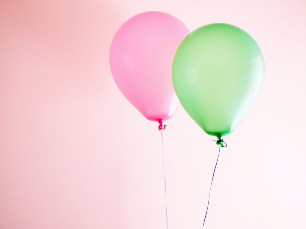 Generate a vibrant image of three balloons (purple, pink, and green) floating against a soft gradient background, using a DSLR camera, 50mm lens, aperture f/1.8, ISO 100, and a shallow depth of field to enhance focus on the balloons.