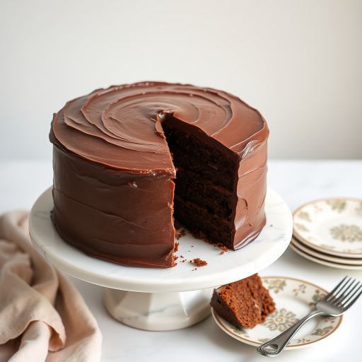 Create an image of a rich chocolate cake with smooth chocolate frosting. The cake should be round and appear moist, with a slice removed to show its fluffy interior. Place the cake on a marble cake stand, with a soft, neutral background. Include decorative plates and a small fork beside the cake for an inviting presentation.