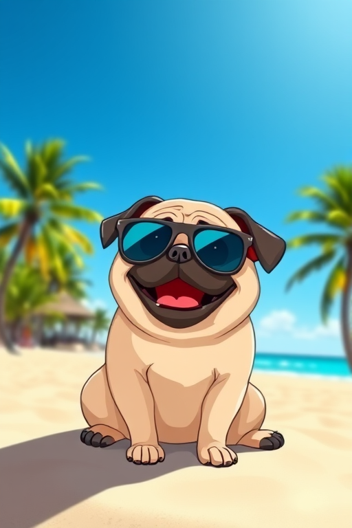 A cartoon-style illustration of a happy pug wearing sunglasses sitting on a sandy beach with palm trees under a bright blue sky, captured with a DSLR camera using a 50mm lens, aperture f/1.8, ISO 100, 1/2000s shutter speed, high dynamic range to enhance colors and details.
