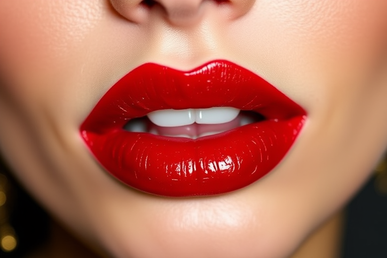 Vibrant Cherry Burst lips feature a glossy red hue with subtle gold shimmer, creating a bold and alluring look perfect for evening events and glamorous occasions.