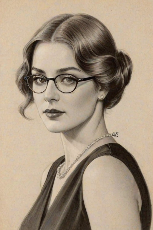 Wonderful Alexandra Breckenridge, pencil sketch, portrait of Elegant woman 1924s in glasses, hair style beatnik, outline, clear lines, fine lines, 8k