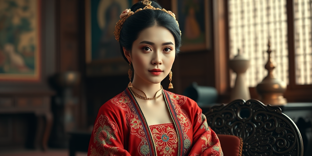 A beautiful Armenian woman in traditional East Asian attire, intricately detailed with embroidered patterns, sitting gracefully in a richly decorated room, soft ambient lighting, serene and elegant, ultra-realistic, 8K resolution