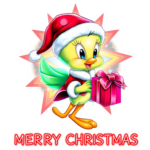 Merry Christmas” cosmic star art tweety bird wearing a Christmas hat and Santa jacket holding gift with a big bow tweety bird is extremely detailed and vibrant behind her is star cosmic design on white background that’s all Christmas colors red green white the words “MERRY CHRISTMAS” is written at the bottom in red electric font outline in black 3000dpi 32k