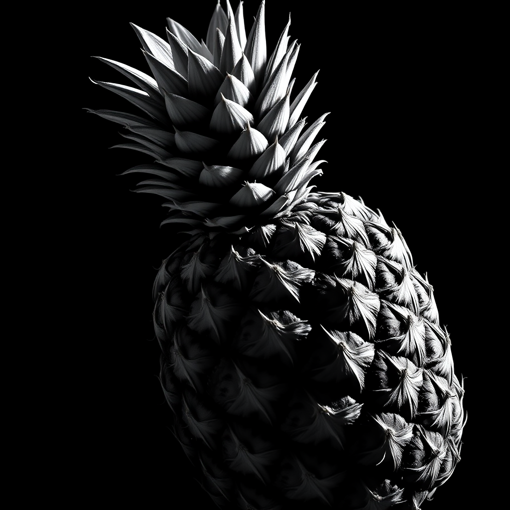 Create a high-contrast black and white image of a pineapple. The pineapple should be prominently featured with a dramatic lighting effect to highlight its texture and details. The background should be completely black to enhance the focus on the pineapple, emphasizing its unique spiky crown and rough skin.