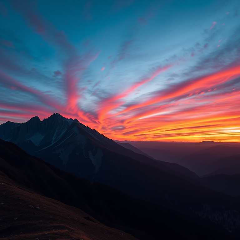 Image of a serene mountain landscape during sunset with vibrant colors in the sky, captured with a Canon EOS R5, 24mm lens, aperture f/8, ISO 100, shot in landscape orientation with natural lighting.