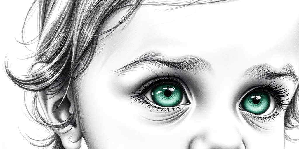 A hyperdetailed photorealistic black and white sketch of a beautiful toddler with deep green eyes, with a macro focus
