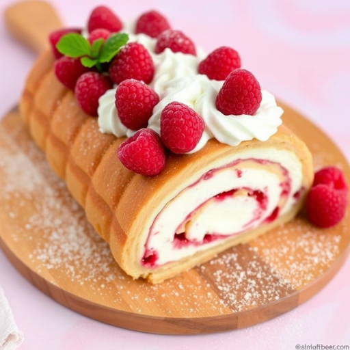 A delicious raspberry roll cake topped with whipped cream and fresh raspberries on a wooden board, sprinkled with powdered sugar, with a soft pastel background.