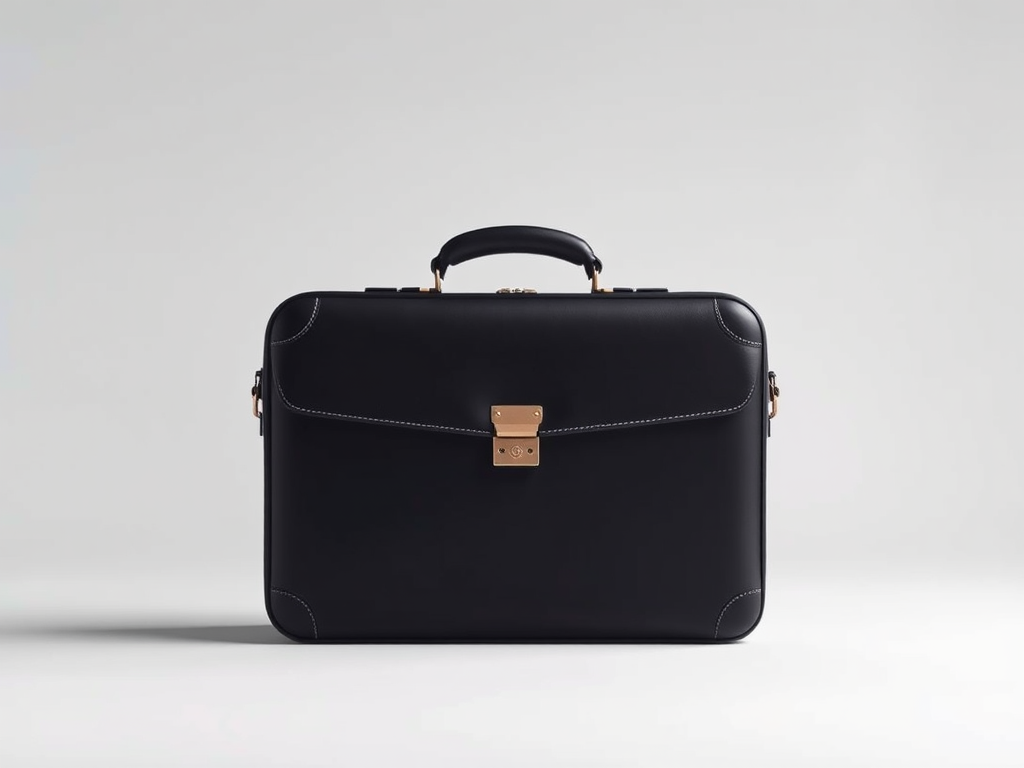 Create a high-resolution image of a simple briefcase, shot with a Canon EOS R5, 50mm lens, aperture f/1.8, ISO 100, in a minimalist studio setting with soft diffused lighting.