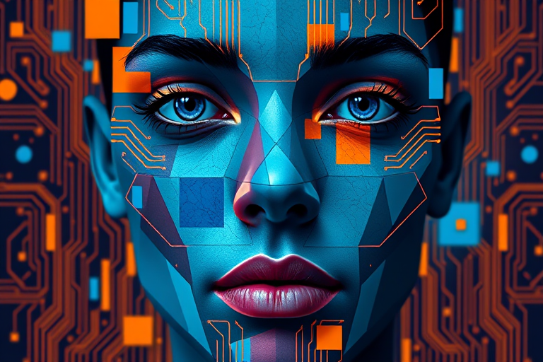 Generate an abstract digital artwork of a face composed of colorful geometric shapes and circuit patterns, with vibrant blues and oranges; use a Canon EOS R5, 50mm lens, f/4 aperture, ISO 100, 1/125s shutter speed, shooting from a slightly elevated angle for a unique perspective.