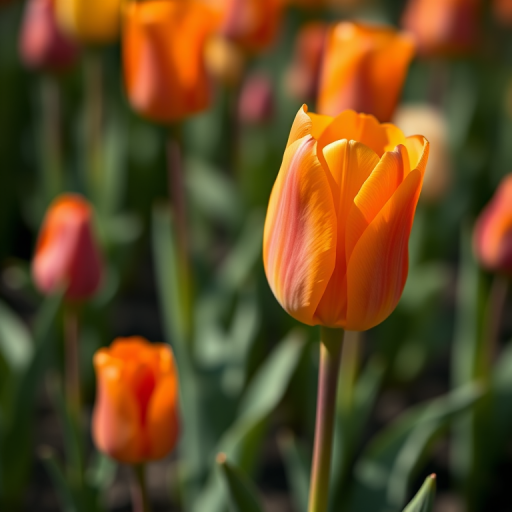 Create a close-up shot of a single vibrant orange tulip among a blurred background of tulips, using a DSLR camera with a 50mm lens, aperture f/1.8, shutter speed 1/200s, ISO 100, in natural light to enhance color and detail.